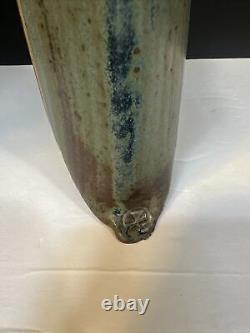 Vintage Signed Studio Pottery Vase Striped Green Blue Brown Puffed MCM