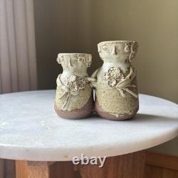 Vintage Sloveig Cox Signed Rustic Studio Pottery Double Vase Couple With Flowers