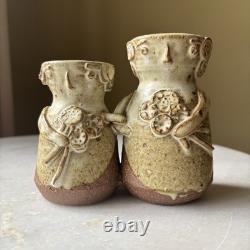 Vintage Sloveig Cox Signed Rustic Studio Pottery Double Vase Couple With Flowers