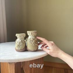 Vintage Sloveig Cox Signed Rustic Studio Pottery Double Vase Couple With Flowers