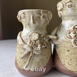 Vintage Sloveig Cox Signed Rustic Studio Pottery Double Vase Couple With Flowers