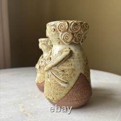 Vintage Sloveig Cox Signed Rustic Studio Pottery Double Vase Couple With Flowers