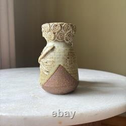 Vintage Sloveig Cox Signed Rustic Studio Pottery Double Vase Couple With Flowers