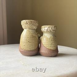 Vintage Sloveig Cox Signed Rustic Studio Pottery Double Vase Couple With Flowers