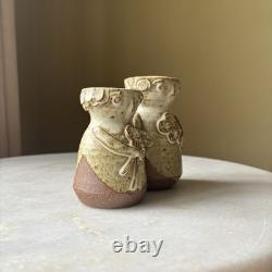 Vintage Sloveig Cox Signed Rustic Studio Pottery Double Vase Couple With Flowers
