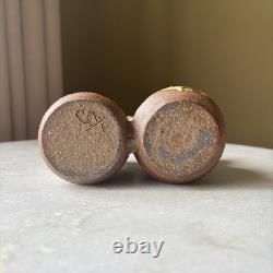 Vintage Sloveig Cox Signed Rustic Studio Pottery Double Vase Couple With Flowers