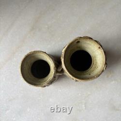 Vintage Sloveig Cox Signed Rustic Studio Pottery Double Vase Couple With Flowers