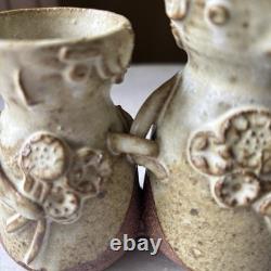 Vintage Sloveig Cox Signed Rustic Studio Pottery Double Vase Couple With Flowers