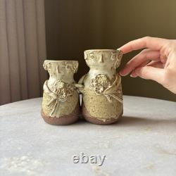 Vintage Sloveig Cox Signed Rustic Studio Pottery Double Vase Couple With Flowers