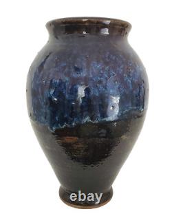 Vintage Stoneware Glazed Studio Art Pottery Rustic Brown Blue Signed Huge 1994