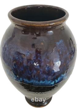 Vintage Stoneware Glazed Studio Art Pottery Rustic Brown Blue Signed Huge 1994