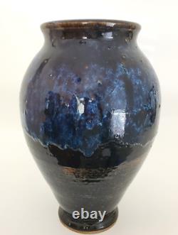 Vintage Stoneware Glazed Studio Art Pottery Rustic Brown Blue Signed Huge 1994