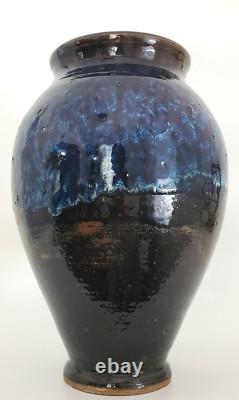 Vintage Stoneware Glazed Studio Art Pottery Rustic Brown Blue Signed Huge 1994
