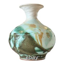 Vintage Studio Art Green & White Glazed Ceramic Pottery Vase (Makoto Yabe)