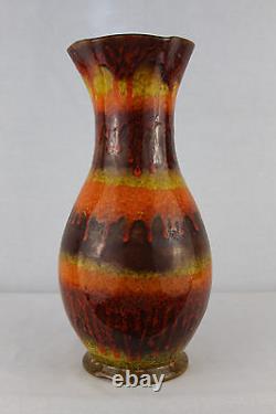 Vintage Studio Art Pottery 12 3/4 Vase Signed AeV Brown Red Yellow Glaze
