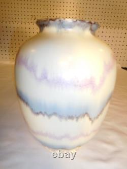 Vintage Studio Art Pottery Blue & Pink Drip Glaze Over Beige 8 inch Vase