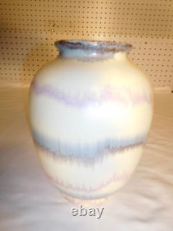 Vintage Studio Art Pottery Blue & Pink Drip Glaze Over Beige 8 inch Vase