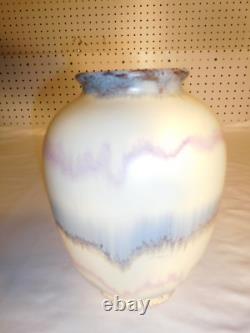 Vintage Studio Art Pottery Blue & Pink Drip Glaze Over Beige 8 inch Vase