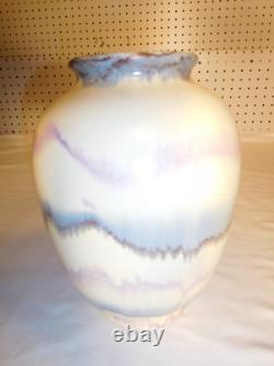 Vintage Studio Art Pottery Blue & Pink Drip Glaze Over Beige 8 inch Vase