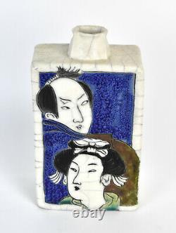 Vintage Studio Art Pottery Bottle Vase Japanese Geisha Scenes signed w cipher