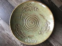 Vintage Studio Art Pottery Bowl Fish Mid Century Mod Large Signed By Artist RARE