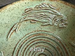 Vintage Studio Art Pottery Bowl Fish Mid Century Mod Large Signed By Artist RARE