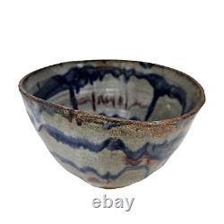 Vintage Studio Art Pottery Bowl Stoneware Rustic Blue Grey Glazed