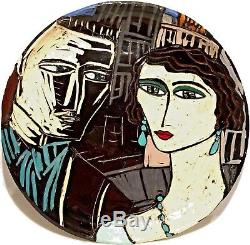Vintage Studio Art Pottery Cubist Modernist Portrait Sculpture Plate Plaque