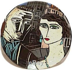 Vintage Studio Art Pottery Cubist Modernist Portrait Sculpture Plate Plaque