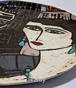 Vintage Studio Art Pottery Cubist Modernist Portrait Sculpture Plate Plaque