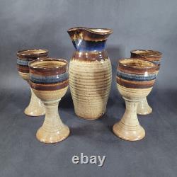 Vintage Studio Art Pottery Decanter Wine Goblet Set Hand Made Artist Signed
