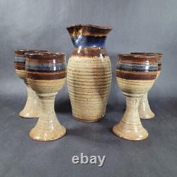 Vintage Studio Art Pottery Decanter Wine Goblet Set Hand Made Artist Signed