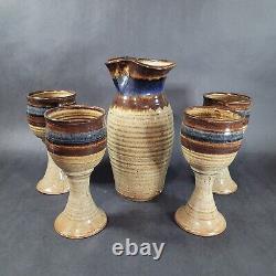 Vintage Studio Art Pottery Decanter Wine Goblet Set Hand Made Artist Signed