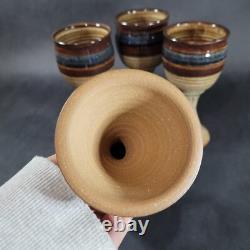 Vintage Studio Art Pottery Decanter Wine Goblet Set Hand Made Artist Signed