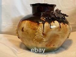 Vintage Studio Art Pottery Decorative Vase Bowl Rustic Bear Tree Leaves Signed