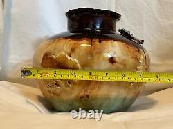 Vintage Studio Art Pottery Decorative Vase Bowl Rustic Bear Tree Leaves Signed