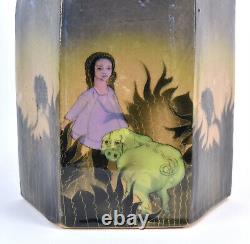 Vintage Studio Art Pottery Hand Painted Hexagonal Jar Woman w Pig sgd McGarry