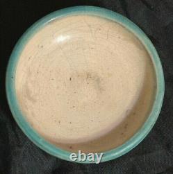 Vintage Studio Art Pottery Handcrafted Shallow Bowl Turquoise with Symbols Signed