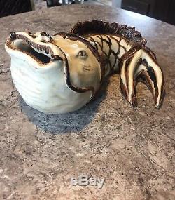 Vintage Studio Art Pottery Japanese KOI Fish Vase Asian Figure rare MCM