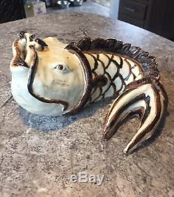 Vintage Studio Art Pottery Japanese KOI Fish Vase Asian Figure rare MCM