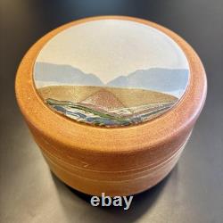 Vintage Studio Art Pottery Lidded Jar Landscape Lid Stoneware Signed Rustic