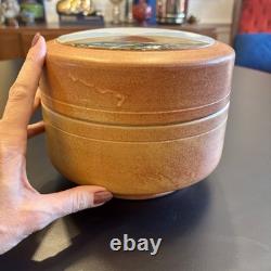 Vintage Studio Art Pottery Lidded Jar Landscape Lid Stoneware Signed Rustic