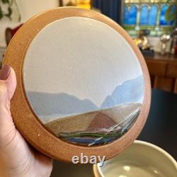 Vintage Studio Art Pottery Lidded Jar Landscape Lid Stoneware Signed Rustic