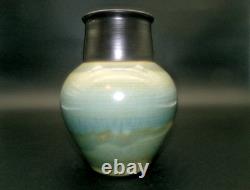 Vintage Studio Art Pottery Modern Art Deco Black Blue Gray Ceramic Vase signed