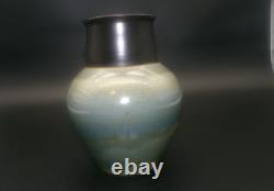 Vintage Studio Art Pottery Modern Art Deco Black Blue Gray Ceramic Vase signed