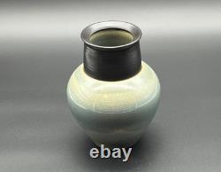 Vintage Studio Art Pottery Modern Art Deco Black Blue Gray Ceramic Vase signed