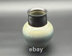 Vintage Studio Art Pottery Modern Art Deco Black Blue Gray Ceramic Vase signed