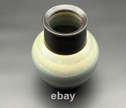Vintage Studio Art Pottery Modern Art Deco Black Blue Gray Ceramic Vase signed