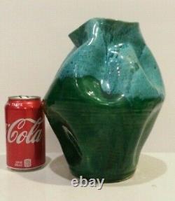 Vintage Studio Art Pottery Pinched Aqua Blue & Green Lava Drip Glaze Vase RARE