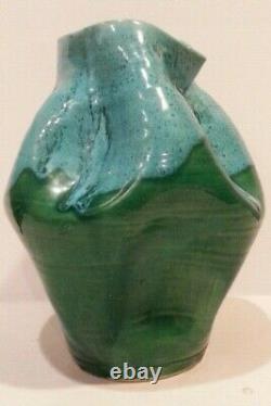 Vintage Studio Art Pottery Pinched Aqua Blue & Green Lava Drip Glaze Vase RARE